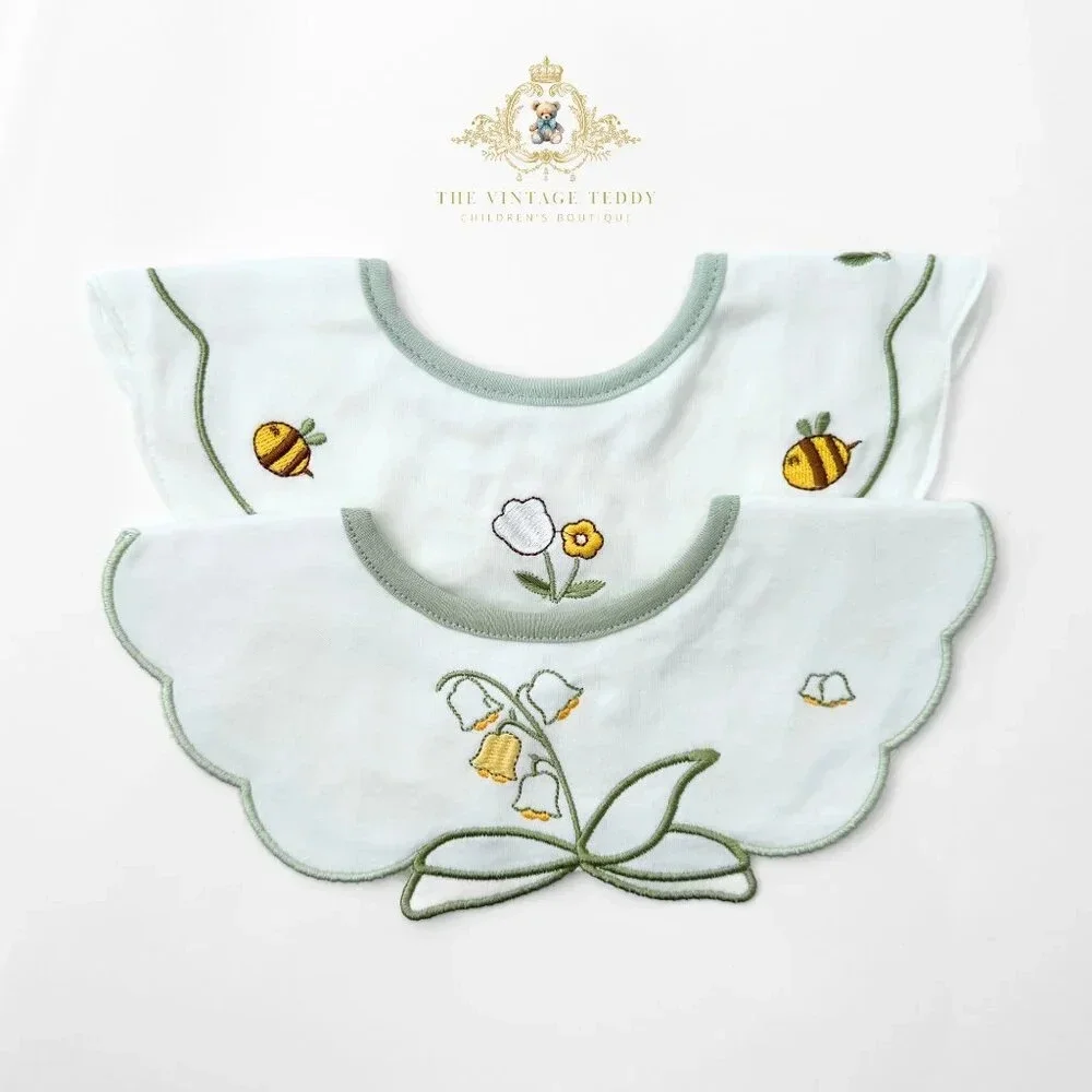 NWT Lovely Boutique Embroidered Girls Baby Bibs Tulips & Bumble Bees Set of 2